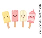 Vector Illustration of 4 Cute Kawaii Popsicle Ice Creams – Yellow, Cream, Pink and Multicolored Frozen Treats on White Background for Kids, Summer and Holiday Design

