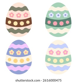Vector illustration of 4 decorative Easter eggs in pastel colors with floral and dotted patterns. Perfect for spring, Easter, greeting cards, crafts, and festive design projects.
