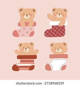 Vektorgrafik , Illustration von 4 verschiedenen Zeichen süßer Bären in Socken   