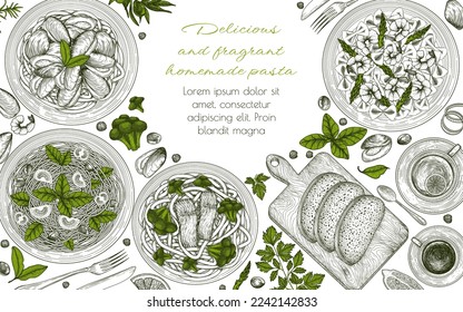 Vector illustration of 4 different pastas. Tagliatelle with salmon and broccoli, farfalle with shrimps and asparagus, spaghetti with tomatoes, basil and olives, fettuccine with mussels