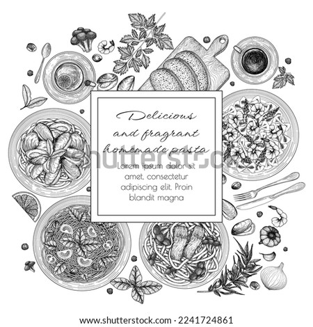 Vector illustration of 4 different pastas. Tagliatelle with salmon and broccoli, farfalle with shrimps and asparagus, spaghetti with tomatoes, basil and olives, fettuccine with mussels engraving style