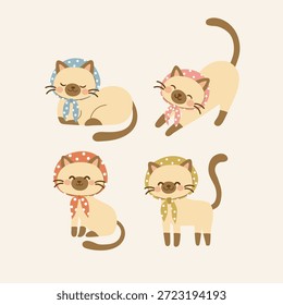 Vector, ilustración de 4 poses diferentes de gatos siameses con pañuelos para la cabeza de lunares  