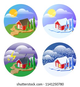 Vector illustration of 4 different seasons and weather. Summer and winter solated on white.