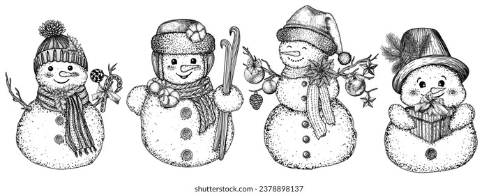 Vector illustration of 4 different snowmen in hats and scarves in engraving style