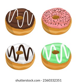 Vektorgrafik von 4 Donuts mit Toppen einzeln auf weißem Hintergrund
