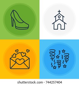 Vector Illustration Of 4 Engagement Icons. Editable Pack Of Building, Card, Decoration And Other Elements.