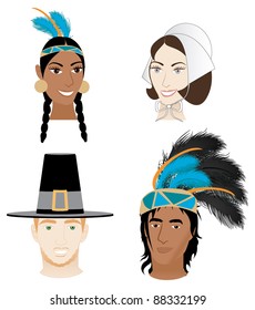 Vector Illustration of 4 faces for Thanksgiving. Indians and Pilgrims