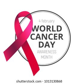 Vector illustration to 4 February - World Cancer Day with awareness red ribbon isolated on white background. Can be used for badges, posters or web banners design and other creative projects