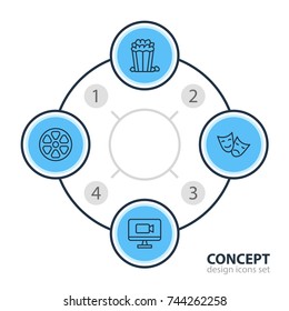 Vector Illustration Of 4 Film Icons. Editable Pack Of Movie Reel, Tragedy, Snack And Other Elements.