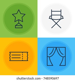 Vector Illustration Of 4 Film Icons. Editable Pack Of Coupon, Shooting Seat, Theater And Other Elements.