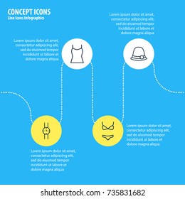 Vector Illustration Of 4 Garment Icons. Editable Pack Of Singlet, Swimsuit, Hand Clock Elements.