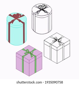 A vector illustration of 4 gift boxes with ribbons and bows isolated on white background. Designed turquoise, pink, green, bright red colors for prints, wraps, as a coloring page for adults and kids.