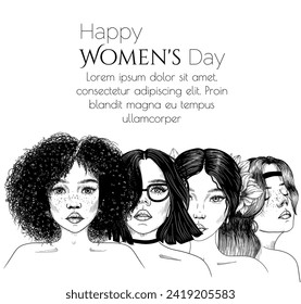 Ilustración vectorial de 4 niñas de diferentes nacionalidades. Tarjeta para el Día Mundial de la Mujer