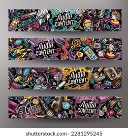 Vector illustration with 4 horizontal banners with Storytelling theme doodles. Templates are vibrant and eye-catching, they capture the essence of Audio content through playful cartoon symbols