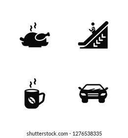 Vector Illustration Of 4 Icons. Editable Pack Meal, Coffee cup, Escalator down, undefined.