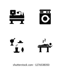 Vector Illustration Of 4 Icons. Editable Pack Desk, Breakfast, Washing machine, undefined.