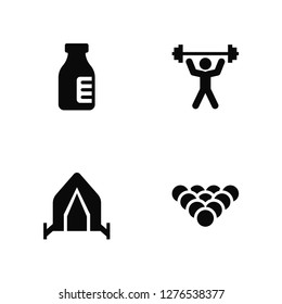 Vector Illustration Of 4 Icons. Editable Pack Vitamin, Camping tent, Workout, undefined.