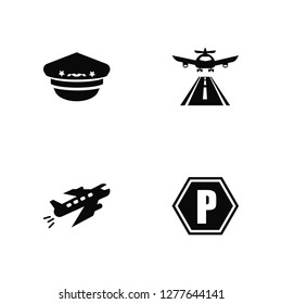 Vector Illustration Of 4 Icons. Editable Pack Pilot Hat, Departures Flights, Plane Front View, undefined.