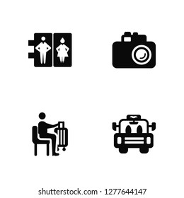 Vector Illustration Of 4 Icons. Editable Pack Airport Toilets, Waiting For Flight, Vintage Camera, undefined.