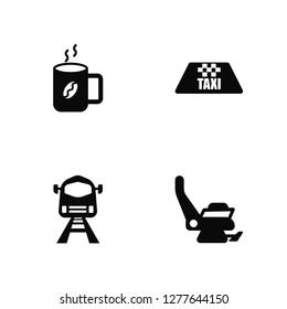 Vector Illustration Of 4 Icons. Editable Pack Hot Coffee, Train To the Airport, Taxi, undefined.