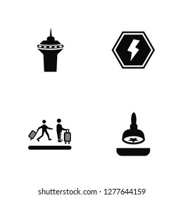 Vector Illustration Of 4 Icons. Editable Pack Airport Tower, Queue, High Voltage, undefined.