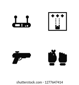 Vector Illustration Of 4 Icons. Editable Pack Button, Pistol, Space game, undefined.