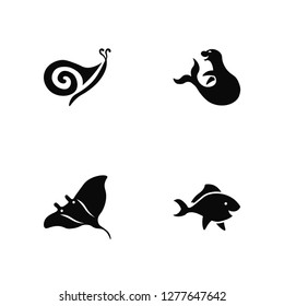 Vector Illustration Of 4 Icons. Editable Pack Seashell, Manta ray, Walrus, undefined.