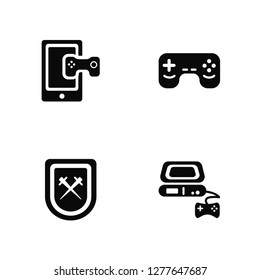 Vector Illustration Of 4 Icons. Editable Pack Gaming, Shield, Game, undefined.