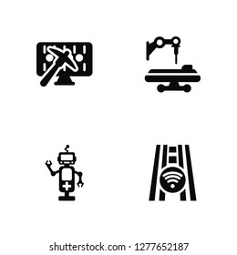 Vector Illustration Of 4 Icons. Editable Pack Binary code, Robot, Mechanical arm, undefined.