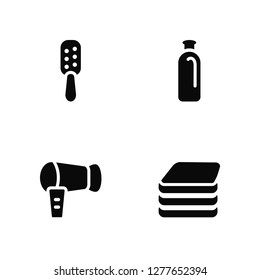 Vector Illustration Of 4 Icons. Editable Pack Inclined Hairbrush, Hairdryer facing left, Bottle, undefined.