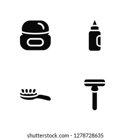 Vector Illustration Of 4 Icons. Editable Pack Men Cream, Hairbrush, Aplicator Bottle, undefined.