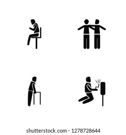 Vector Illustration Of 4 Icons. Editable Pack Man Sitting with Headache, Old Walking, Two Friends, undefined.