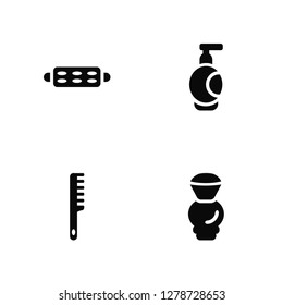Vector Illustration Of 4 Icons. Editable Pack Curler with Pin, One Comb, Hair Foam, undefined.