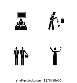 Vector Illustration Of 4 Icons. Editable Pack Three Men Conference, Two Meeting, Man Vacuum, undefined.