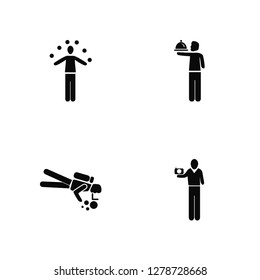 Vector Illustration Of 4 Icons. Editable Pack Circus Man, Man Diving, Waiter with Food Tray, undefined.