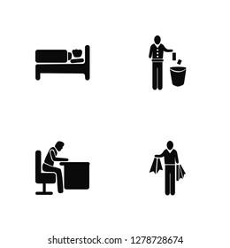 Vector Illustration Of 4 Icons. Editable Pack Man Sleeping, Snoozing, Throwing Trash, undefined.