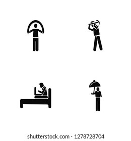 Vector Illustration Of 4 Icons. Editable Pack Rope Jumping, Laptop Chatting On Bed, Man Digging, undefined.