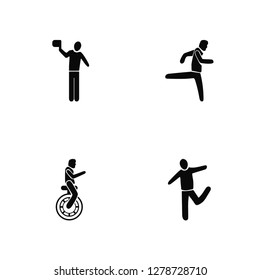 Vector Illustration Of 4 Icons. Editable Pack Man with Flag, Cycling, Stick Jumping, undefined.