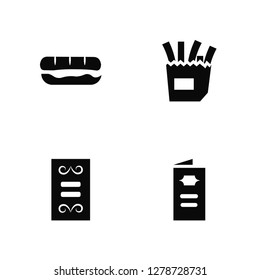 Vector Illustration Of 4 Icons. Editable Pack Long sandwich, Menu Card, French Fries Box, undefined.