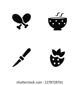 Vector Illustration Of 4 Icons. Editable Pack Chicken thigh, Thin Knife, Hot Soup, undefined.