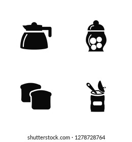 Vector Illustration Of 4 Icons. Editable Pack Coffe Pot, Toasted Bread, Jar Full of Food, undefined.