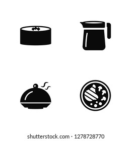 Vector Illustration Of 4 Icons. Editable Pack Sushi Piece, Tray and Cover, Drink Jar, undefined.