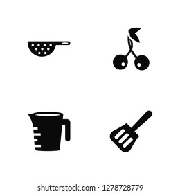 Vector Illustration Of 4 Icons. Editable Pack Strainer with handle, Measurement jar, Two Cherries, undefined.