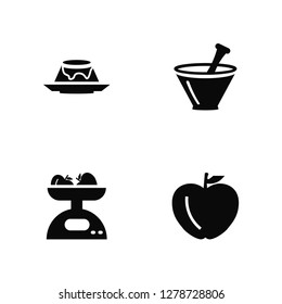 Vector Illustration Of 4 Icons. Editable Pack Creme Caramel, Electric Weight Scale, Mortar with mace, undefined.