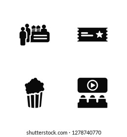 Vector Illustration Of 4 Icons. Editable Pack Cinema Snack Bar, Popcorn, Theater ticket, undefined.