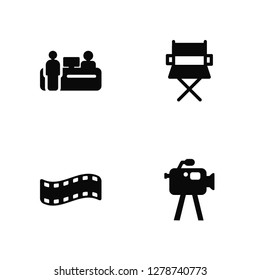 Vector Illustration Of 4 Icons. Editable Pack Cinema ticket window, Film negatives, Director chair, undefined.