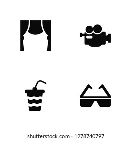 Vector Illustration Of 4 Icons. Editable Pack Theatre Screen, Papper Cup with Straw, Proffesional Video Camera, undefined.