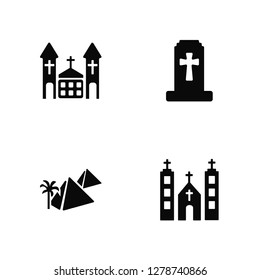 Vector Illustration Of 4 Icons. Editable Pack Chuch, Pyramid, Christian Cemetery, undefined.