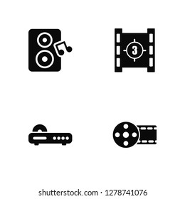 Vector Illustration Of 4 Icons. Editable Pack Loud Woofer Box, DVD, Movie countdown, undefined.