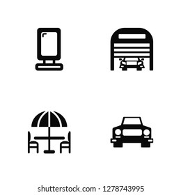 Vector Illustration Of 4 Icons. Editable Pack Lightbox, Terrace, Garage, undefined.